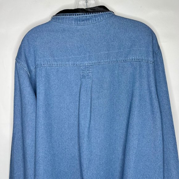 Club Z Denim Woman’s Shirt sz 22/24 Embroidered & Bead Decorated Velvet Collar - Picture 6 of 11